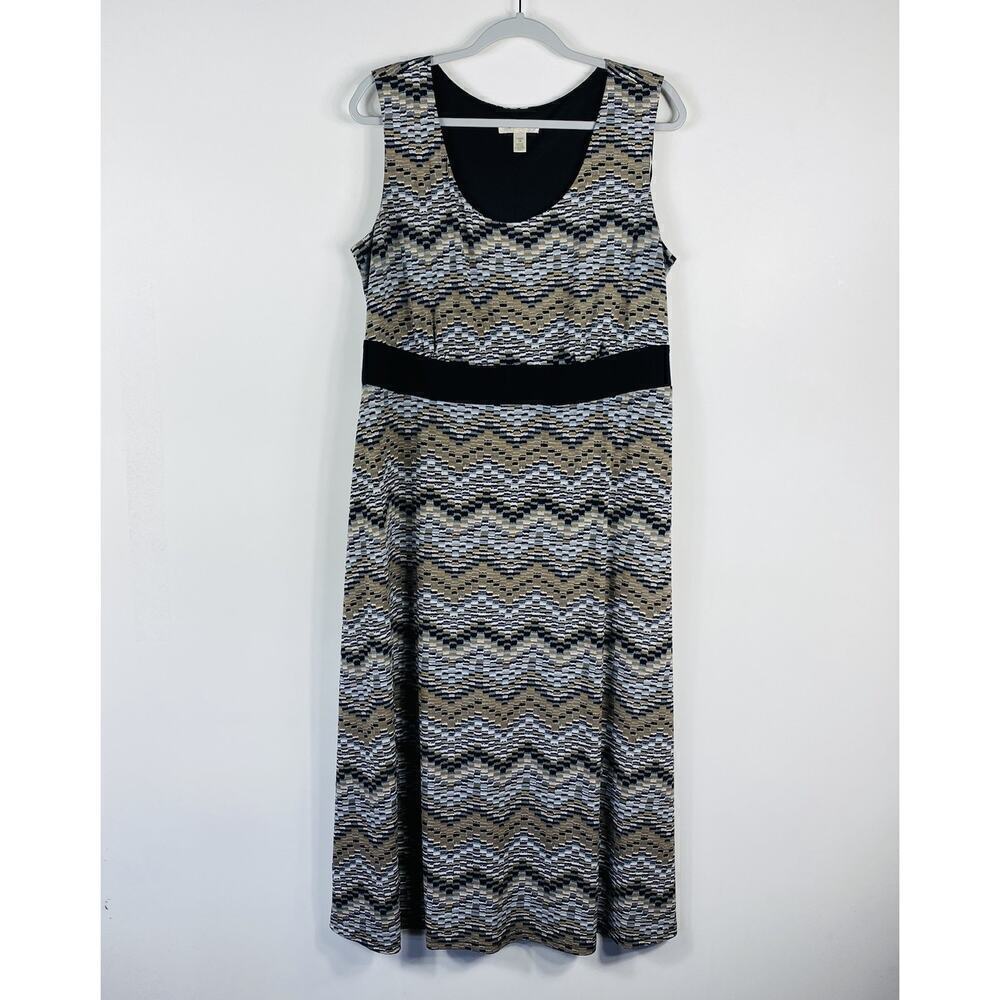 Dressbarn Size 14 Printed Sleeveless Stretch Midi Dress Black Grown Gray